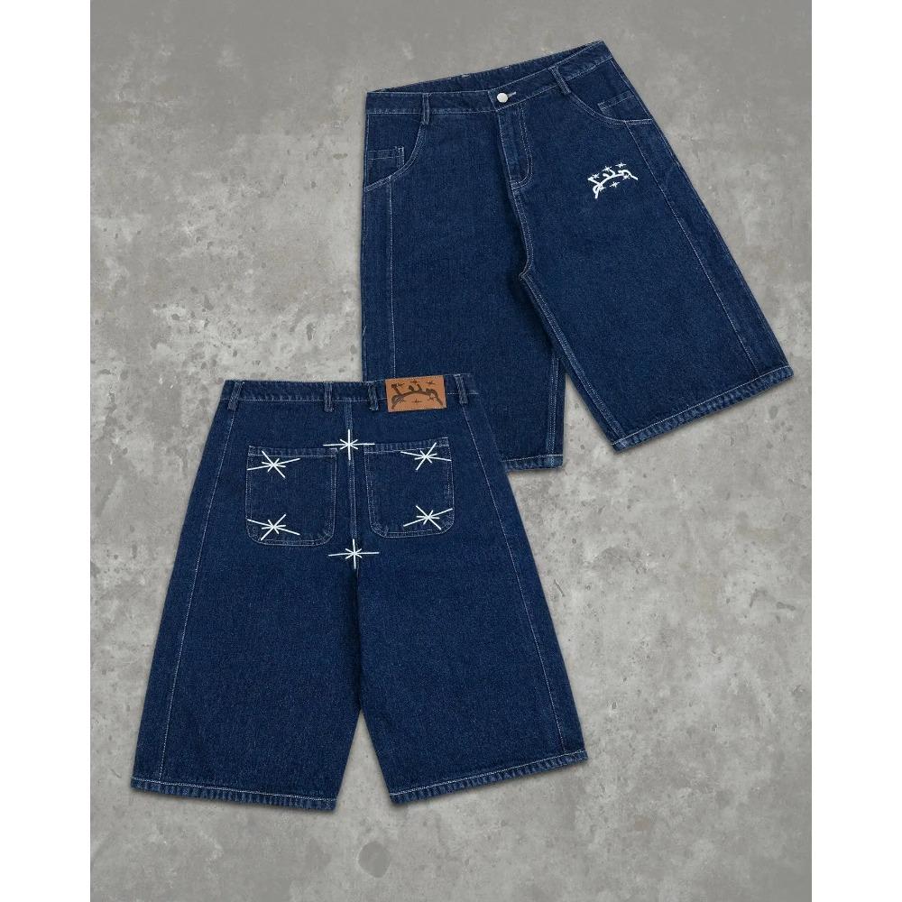RogueWave Street Geometrie Grafică Broderie Pantaloni Scurți Denim Largi Y2k Retro Hip Hop Trendy Sală de Gimnastică Baschet Pantaloni Scurți Bărbați Femei Jorts