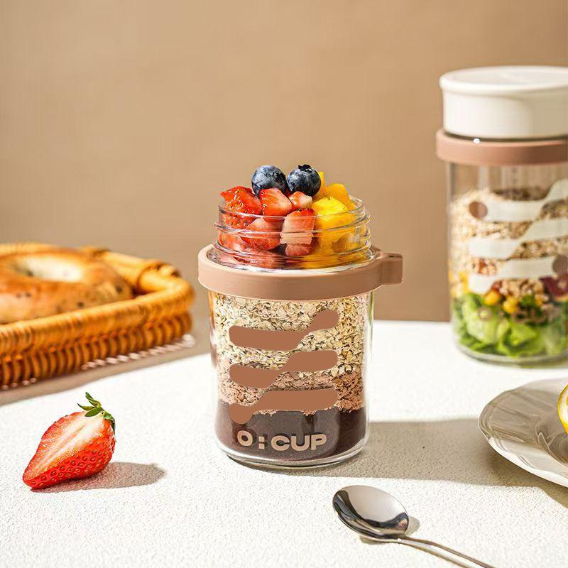 Oat Sealed Glass Jar with Lid, Portable Breakfast Cup, Milkshake Yogurt Cereal Cup
