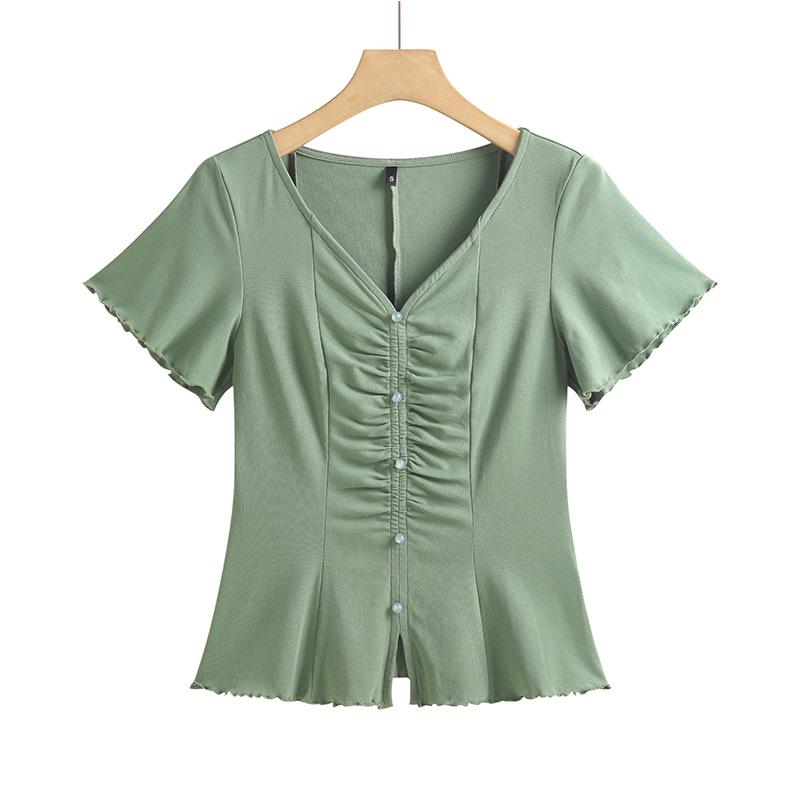 Frühling/Sommer 2025 Damen V-Ausschnitt Kurzarm T-Shirt - Koreanischer Stil mit süßen Rüschenärmeln