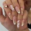 24 Nude Pink Gradient Press-On Nails with 3D White Flowers, Gold Lines, Pearls - Medium Length Beauty Set