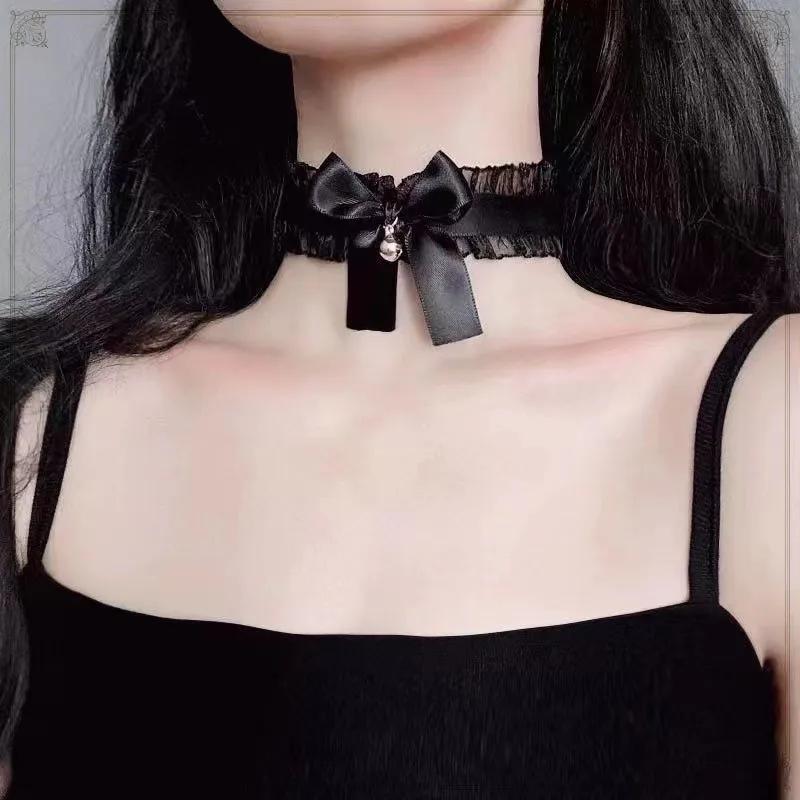 Women Sexy Erotic Adjustable Charm Lace Collar Bells Bow Necklace Clavicle Choker Lolita Cosplay Girls Costumes Uniform Jewelry