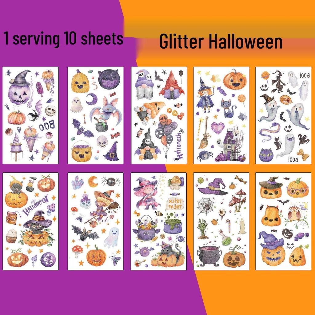 Ink Wash Glitter Halloween Temporary Tattoos: Cartoon Elf, Bat & Pumpkin Face Stickers for Kids