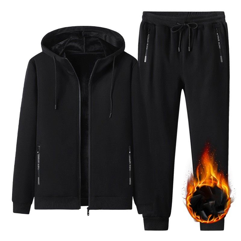 Men's Winter Plush Leisure Sports Set Solid Color Warm Coat+Pants Simple Plus Size Two Piece Set