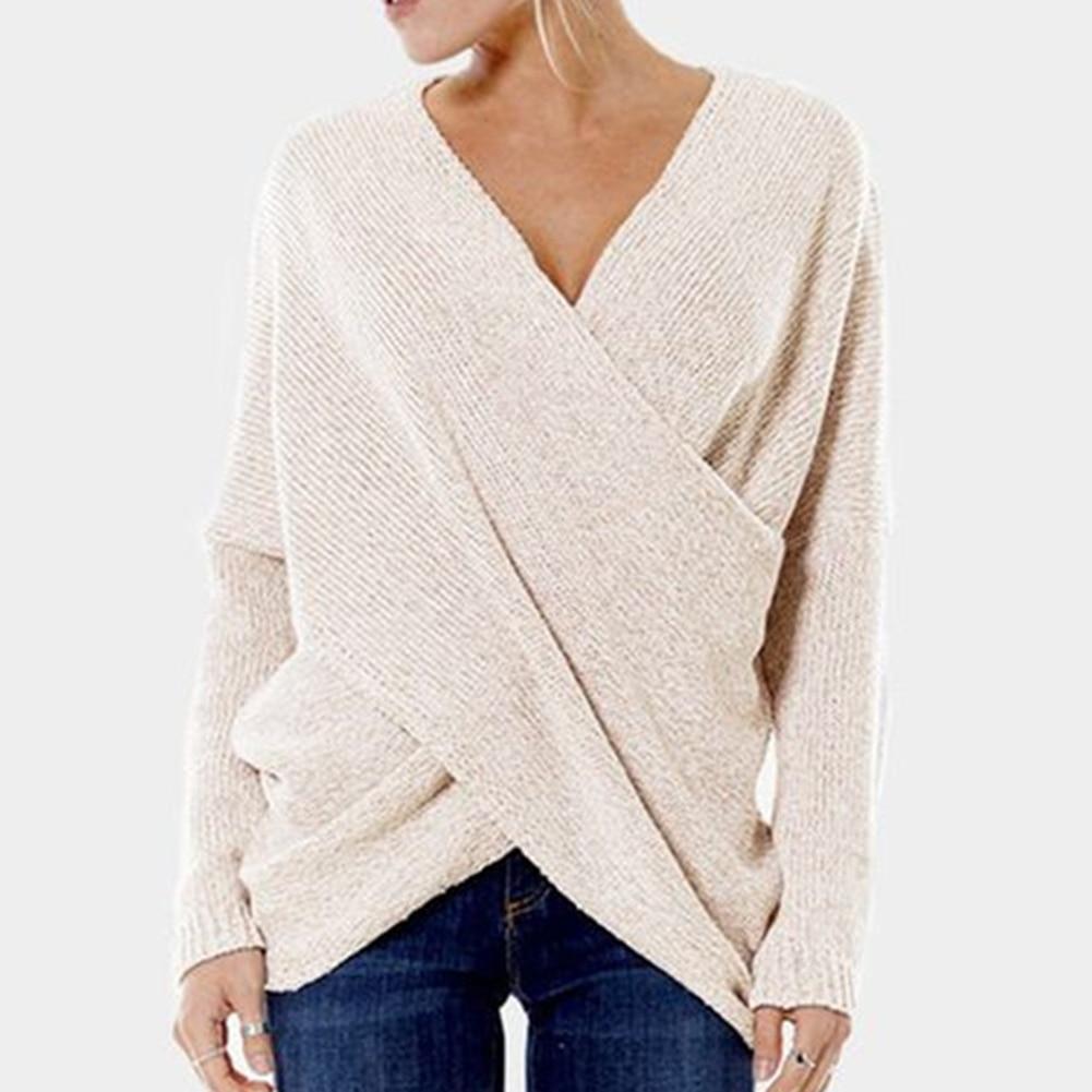 

Однотонний Жіночий Модний Светр з V-подібним вирізом, Перехрещеним передом та Неправильним подолом, Вільний Джемпер S бежевий