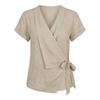 Damen Lapel Kurzarm Baumwoll-Leinen Top Asymmetrischer Saum Wickeldesign Bindegürtel Lässige Bluse Hemd für den täglichen Gebrauch