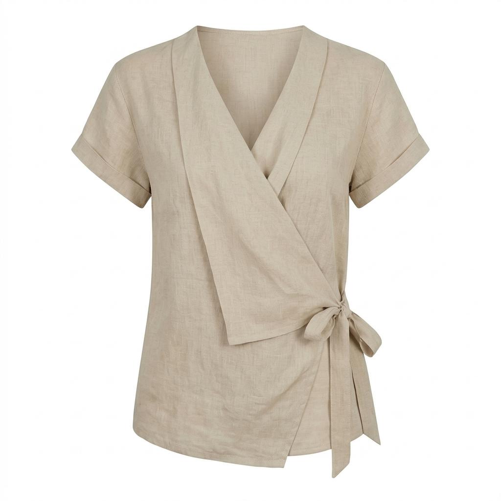 Damen Lapel Kurzarm Baumwoll-Leinen Top Asymmetrischer Saum Wickeldesign Bindegürtel Lässige Bluse Hemd für den täglichen Gebrauch