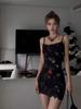 French retro floral suspender vest dress women's summer black slim and thin sexy hottie hip skirt