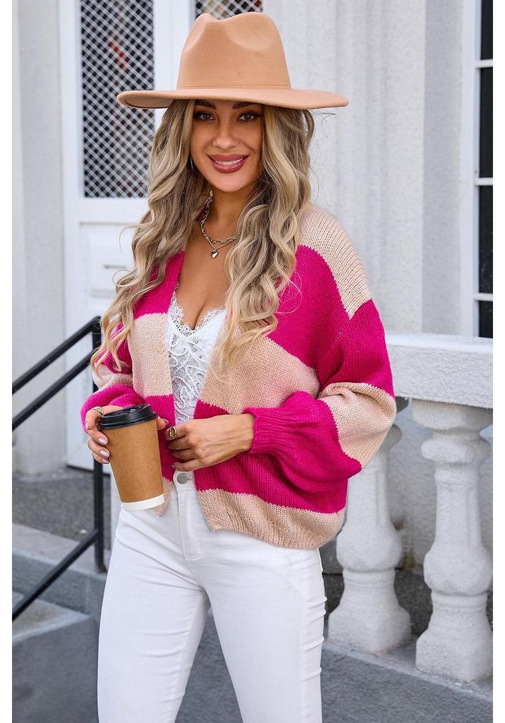 2026 Autumn/Winter Women’s Plus Size Color Block Knit Cardigan Sweater