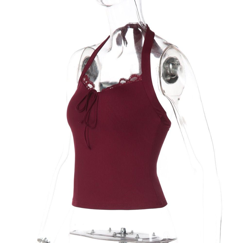 V Neck Slim Crop Tops Lace Lace-up Camisole Chic Halter Bottoming T-shirt  Spicy Girl