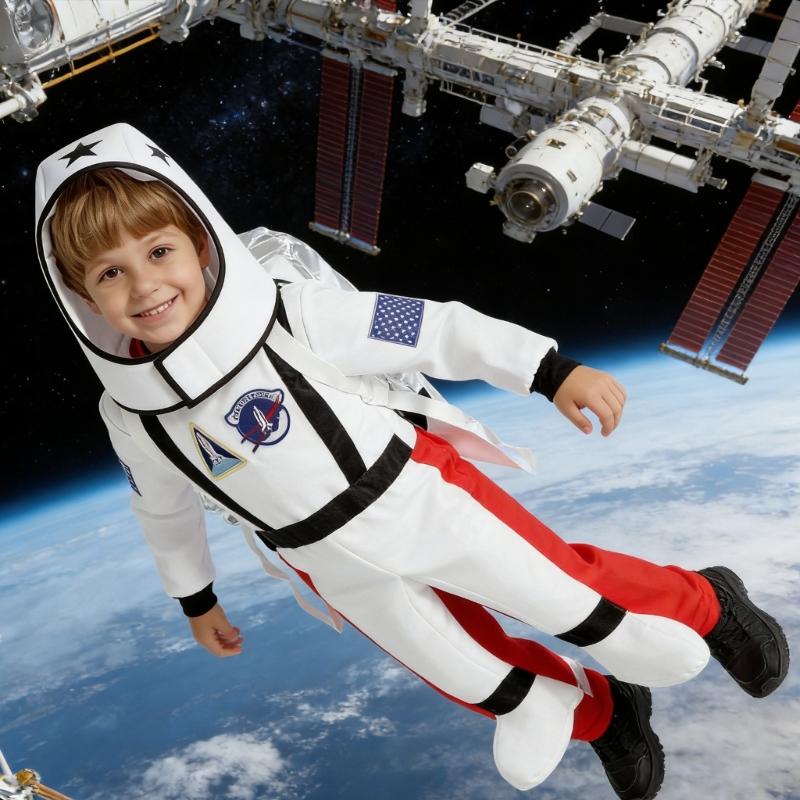 Astronaut Costume With 3D Rockets Backpack For Kids Role Play Science Theme Party And Stage Performances Soft Polyester Fabric