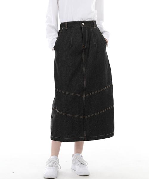 Seinteukeulu Wide Dome Half-Band Long Skirt Wdh-1303 Black Denim Brs