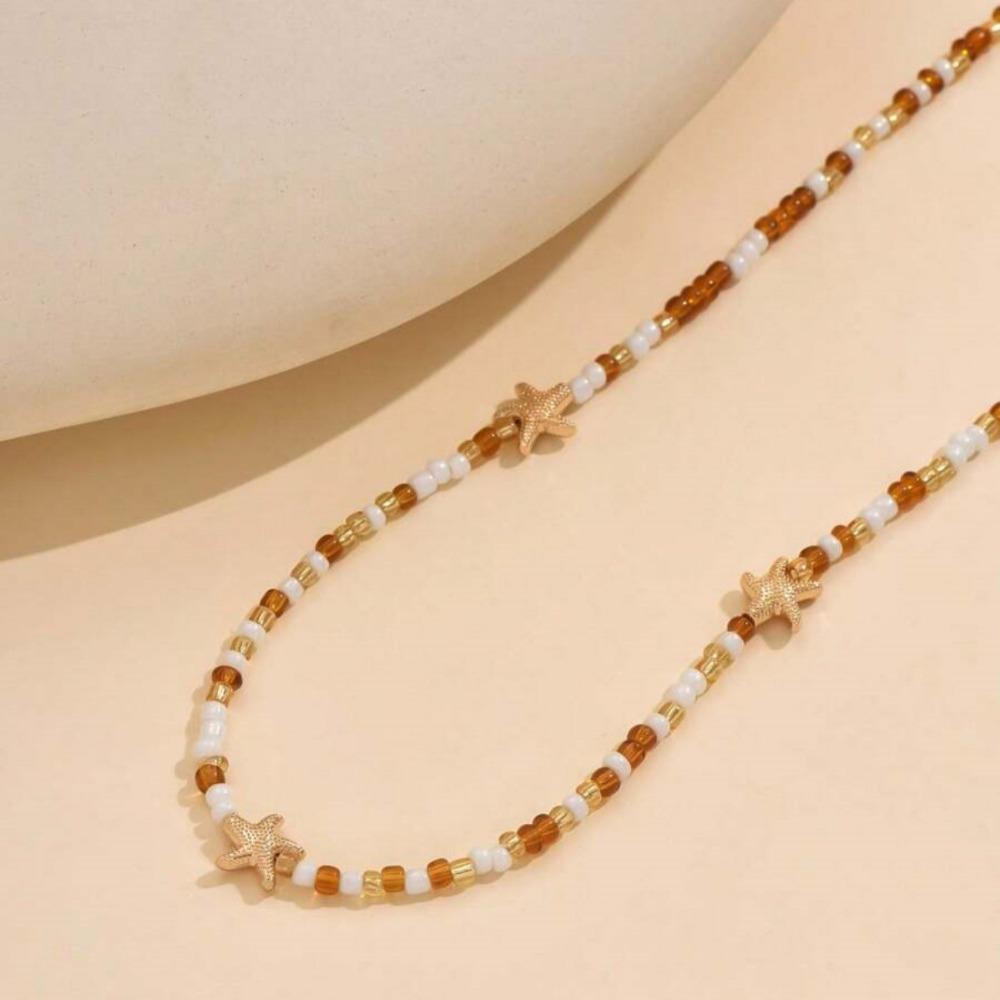Bohemian Rice Beads Starfish Pendant Necklace for Women Handmade Imitation Pearl Colorful Beaded Choker Summer Beach Jewelry