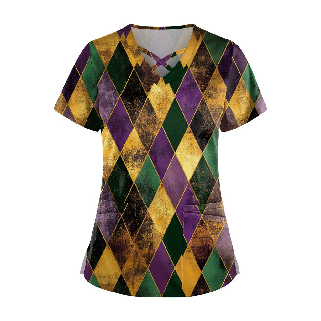 Dam Kortärmad Stagger V-ringad Tryck Ficka Torr-Topp