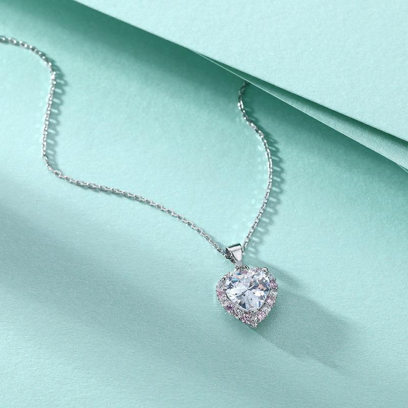 S925 sterling silver pink diamond love necklace female niche design sense light luxury heart-shaped zircon pendant collarbone chain European