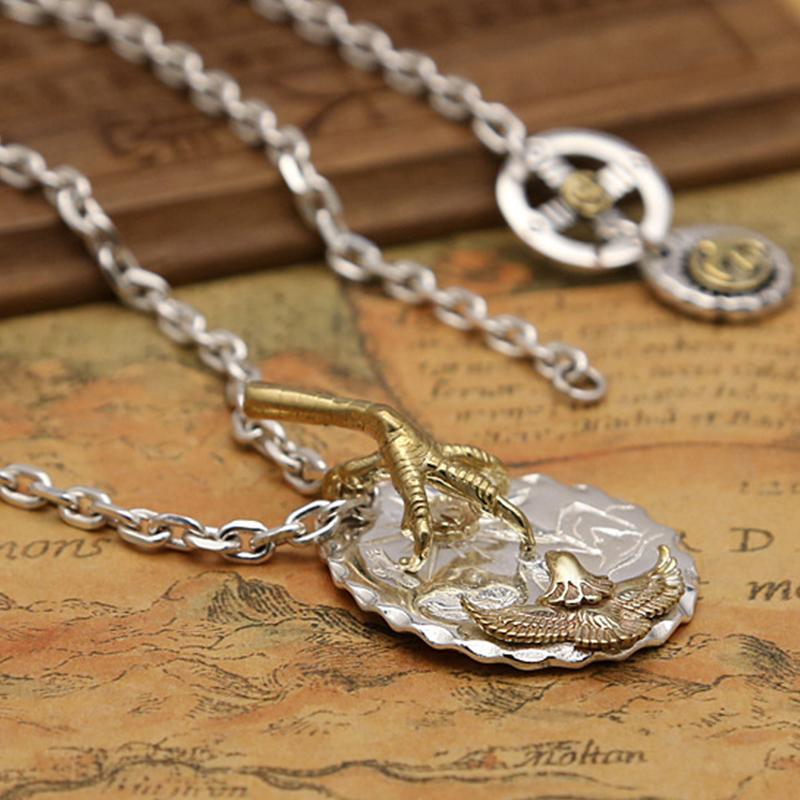 S925 Sterling Silver Jewelry Retro Thai Silver Feather Eagle Claw Tag Personality Men and Women Sweater Chain Pendant