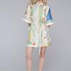 2026 Womens Printed Wrap Tie Neck A-Line Mini Dress High Waist Short Sleeve Elegant Office Casual