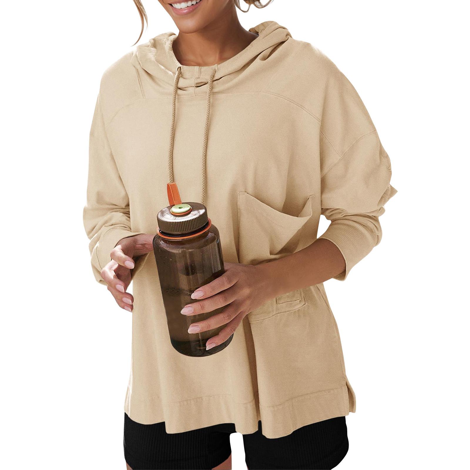 

Женские негабаритные толстовки с длинными рукавами, повседневная свободная толстовка с капюшоном и завязками с боковыми разрезами для тренировок XL хаки