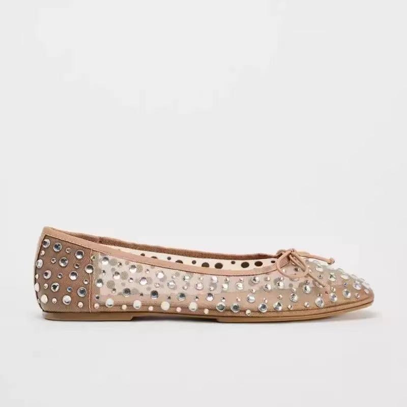 Rhinestone Bow Embellished Ballet Flats Women Comfortable Round Toe Mesh Mary Jane Shoe Luxury Designer Loafers Zapatos De Mujer