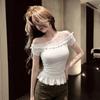 Temperament Lace Splicing One-word Shoulder Lace Hem Short-sleeved T-shirt Women's Summer Slim and Thin Pure Desire Beautiful Top