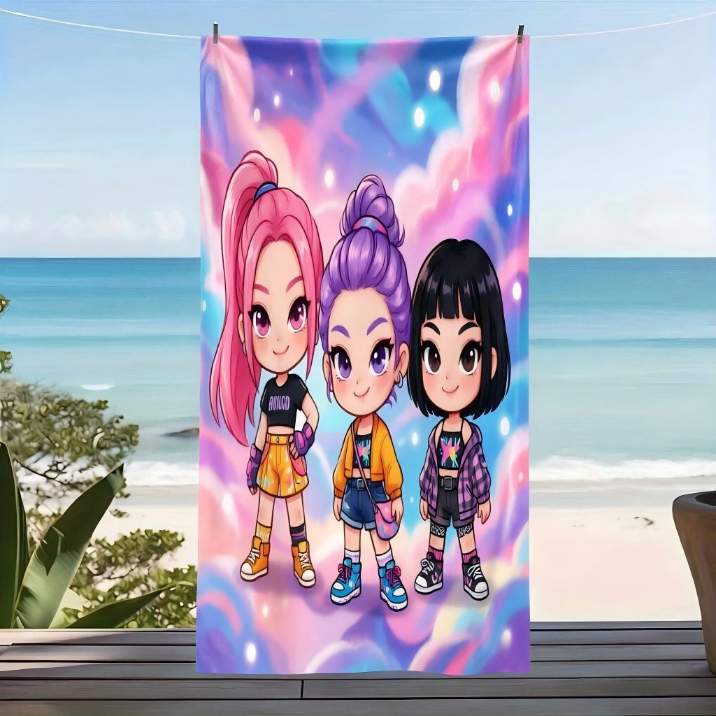 Kawaii Chibi Anime K-pop Girl Beach Towel Purple Galaxy Printed Microfiber Poncho Soft Absorbent Towel for Kids Adults Beach