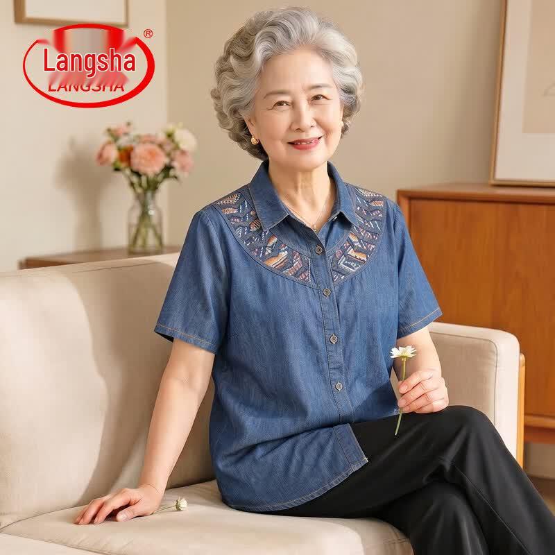 Langsha Embroidered Denim Short-Sleeve Shirt for Middle-Aged Women XL (95-110 lbs)