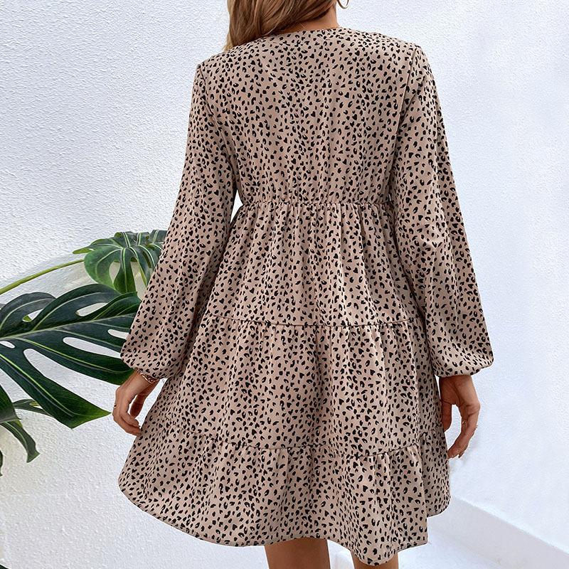 Spring and Autumn Temperament Women's Clothing Short Folded Leopard Print Long Sleeve Dress