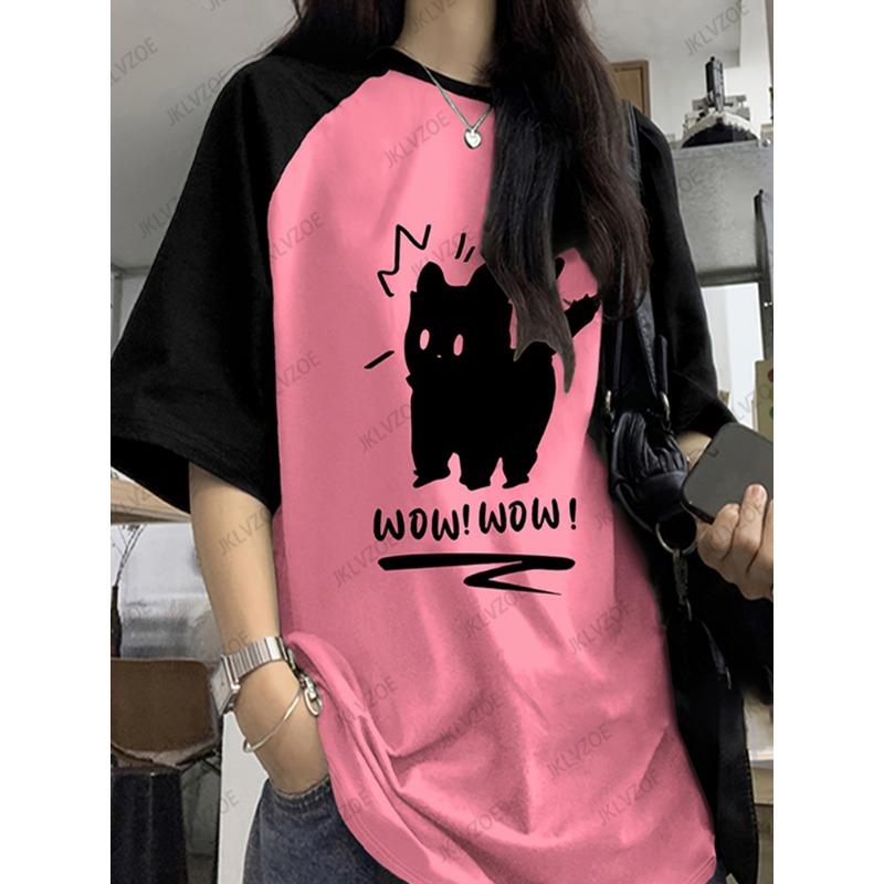 

Забавная женская летняя футболка с принтом кота, пэчворк, с коротким рукавом, футболки в стиле харадзюку, спортивная футбольная майка, Y2K, свободные топы оверсайз XL