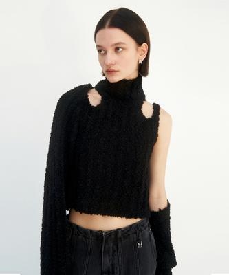 Teulimingbeodeu Schouder Cut-outs Gebreide Set-Up Bolero&Mouwloos [ Zwart ]