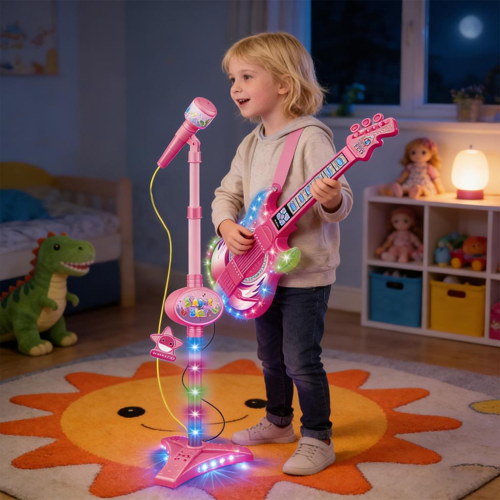 Elektrinės gitaros ir mikrofono rinkinys vaikams, Gitaros žaislai su muzika ir spalvingais šviesos efektais, Reguliuojamo aukščio mikrofonas su stovu