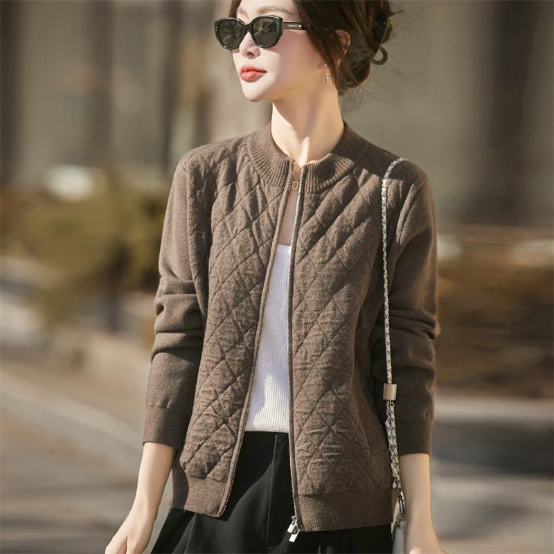 Autumn And Winter New Worsted Wool Crew Neck Knitted Cardigan Double Zipper Long Sleeve Rhombus Air Layer Top