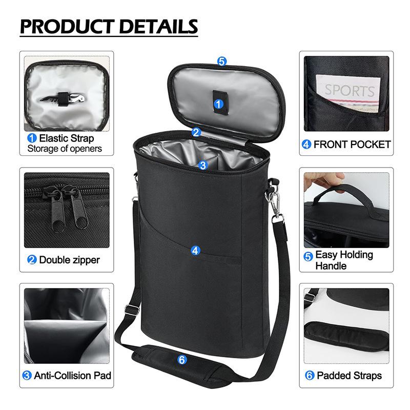 Leakproof Insulated Wine Cooler Bag - 2 Bottle Capacity with Handle & Adjustable Strap