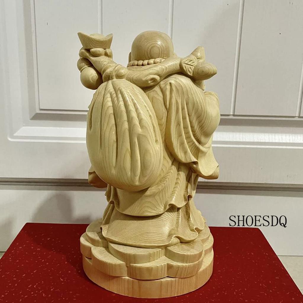 Wood Carved Buddha Statue Hotei Cypress Wooden High Quality Wood Money Luck Ornament Ornament, Carving, (Size 16cm)