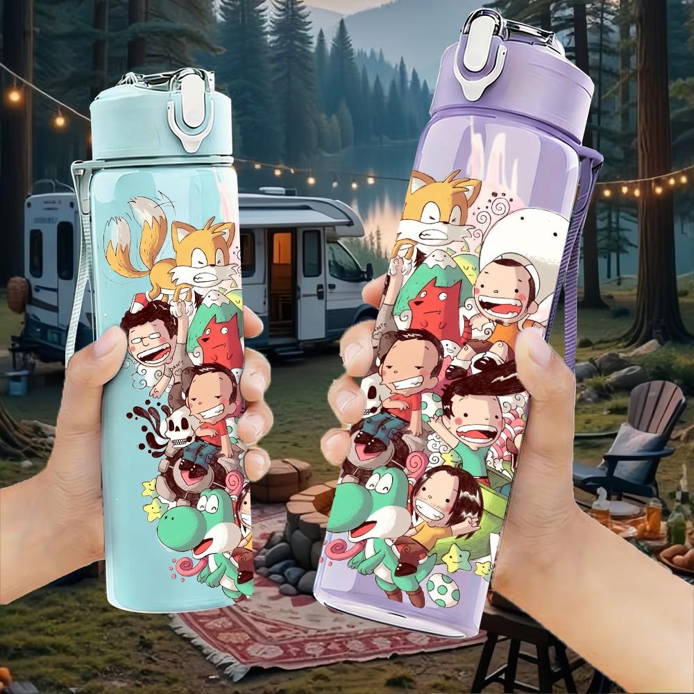 1PC Kids Group Gathering Cartoon 750ml Color Plastic Sports Water Bottle Leakproof Flip Straw Lid Suitable for Sports Office Home Use