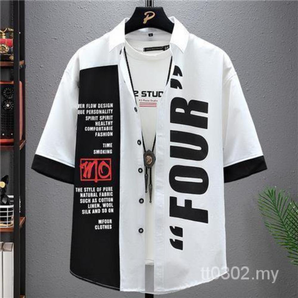 Short sleeved shirt for men's outerwear trend, mid sleeved men's shirt slim fit, summer Hong Kong style