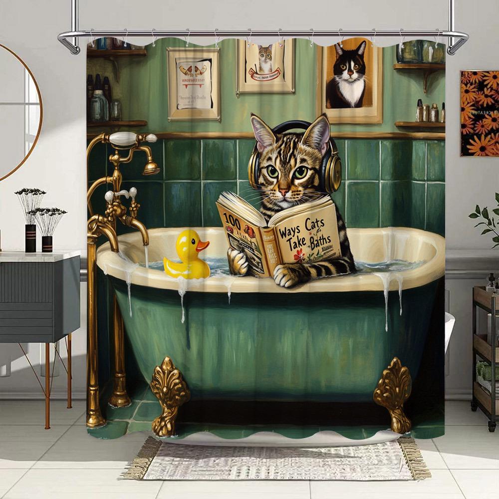 Cute Cat Reading in Bathtub Waterproof Shower Curtain for Modern Bathroom Decor, Stylish and Durable, Perfect for Home Use