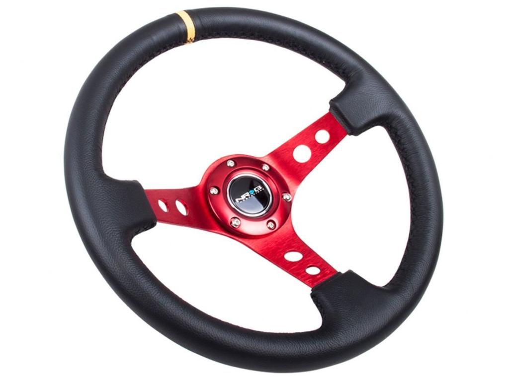 NRG Innovations Reinforced Steering Wheel 350mm Sport Steering Wheel Red Black Yellow Center Mark NRG-RST-006RD-Y - (3" Deep) - Round-Hole Spokes,
