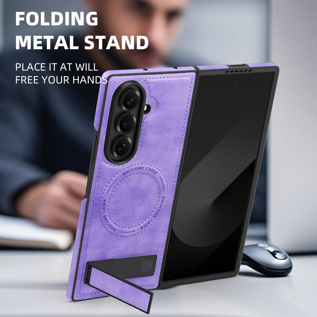 For Samsung Galaxy Z Fold7 5G Case Compatible with MagSafe Kickstand Leather Phone Back Cover