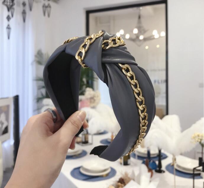 New Fashion Leather Headband Women Soft PU Hairband Gold Alloy Chain Headwear Wide Side Solid Headwear Autumn Hair Accessories