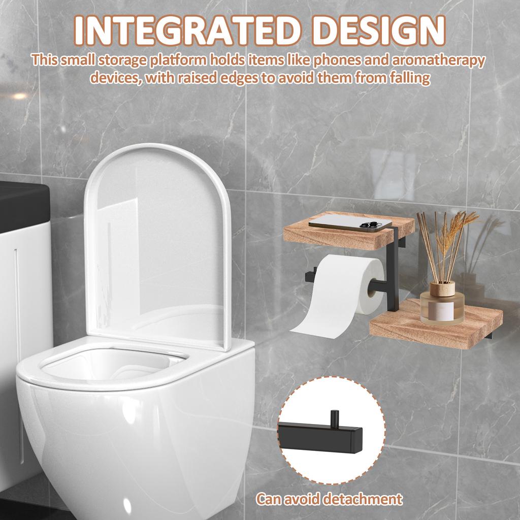 Toilet Paper Holder with Wooden Shelf Wall Mounted Tissue Roll Dispenser Hanger Decorative Bathroom Bar Kitchen Accessories