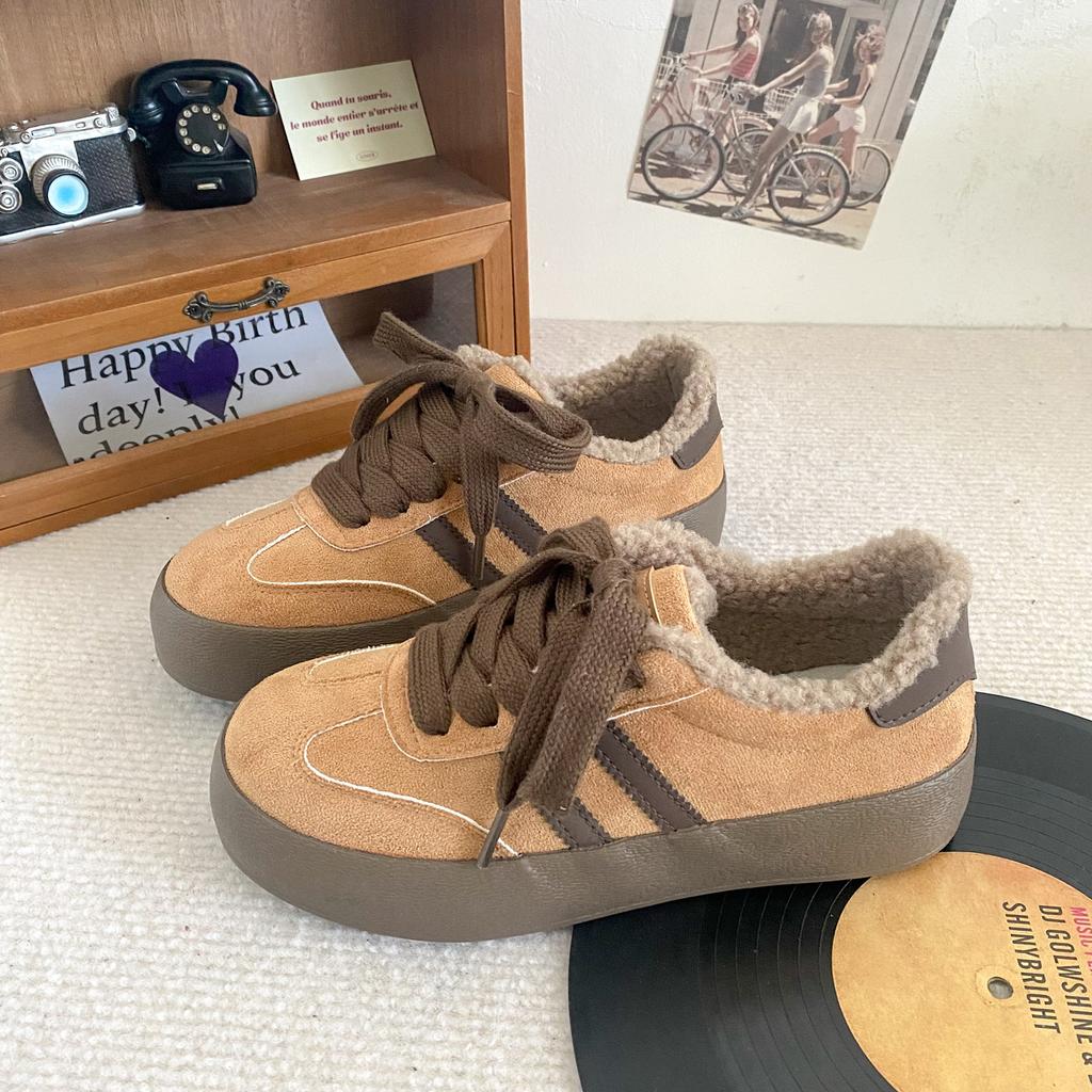 BE-6790 Lamb Wool Platform Velvet Board Shoes Women's Board Shoes 2024 New Winter Warm Cotton Shoes German Training Shoes