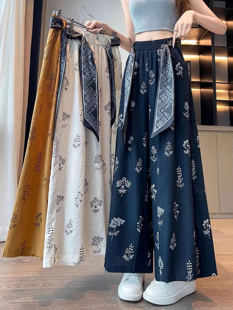 Women's Ethnic-Style High-Waist Ice Silk Loose Cropped Trousers - Summer Slimming Wide-Leg Pants