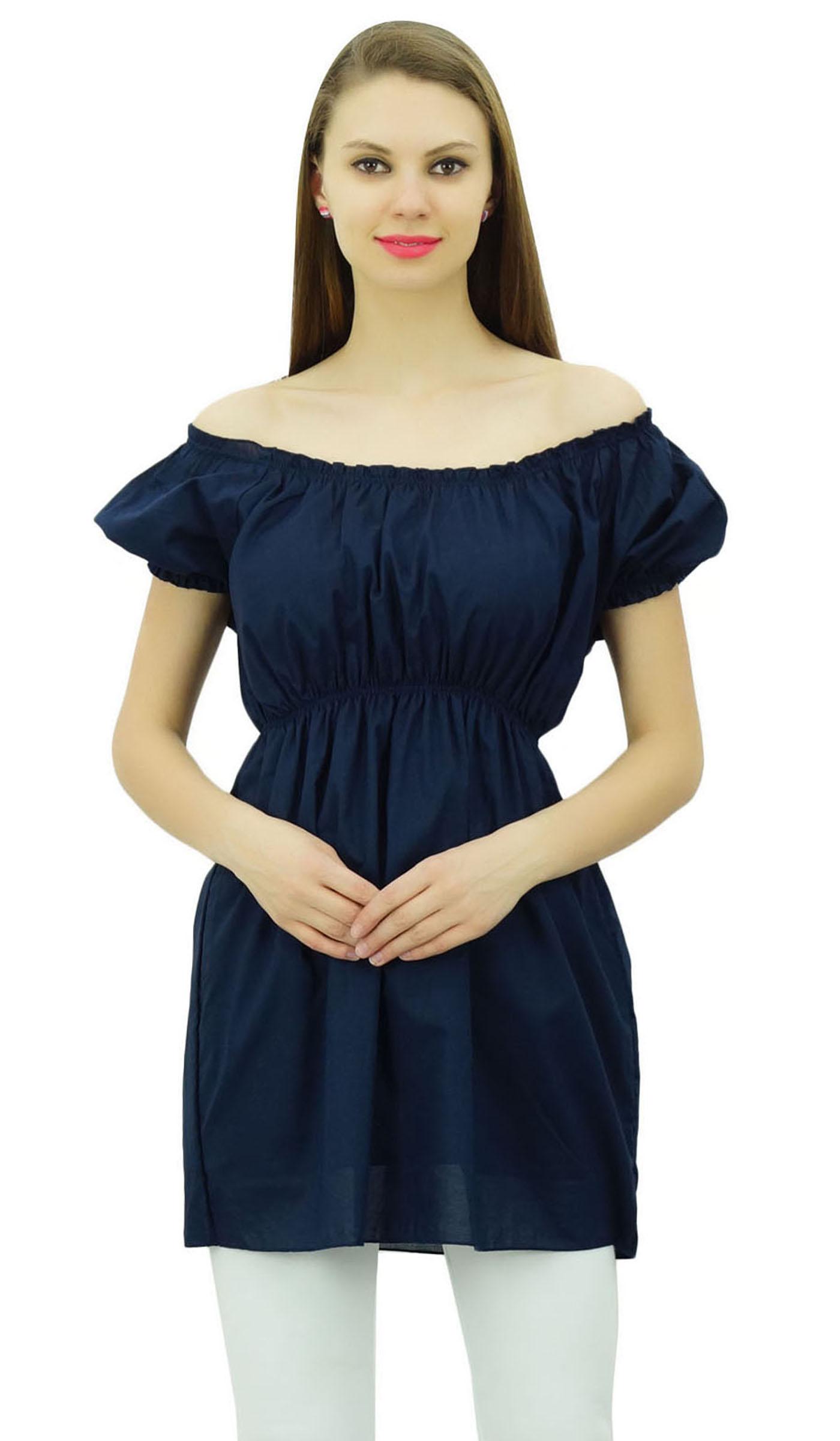 

Bimba Жіноча бавовняна блуза з вільними рукавами з відкритими плечима та еластичною талією 8 темно-синього кольору