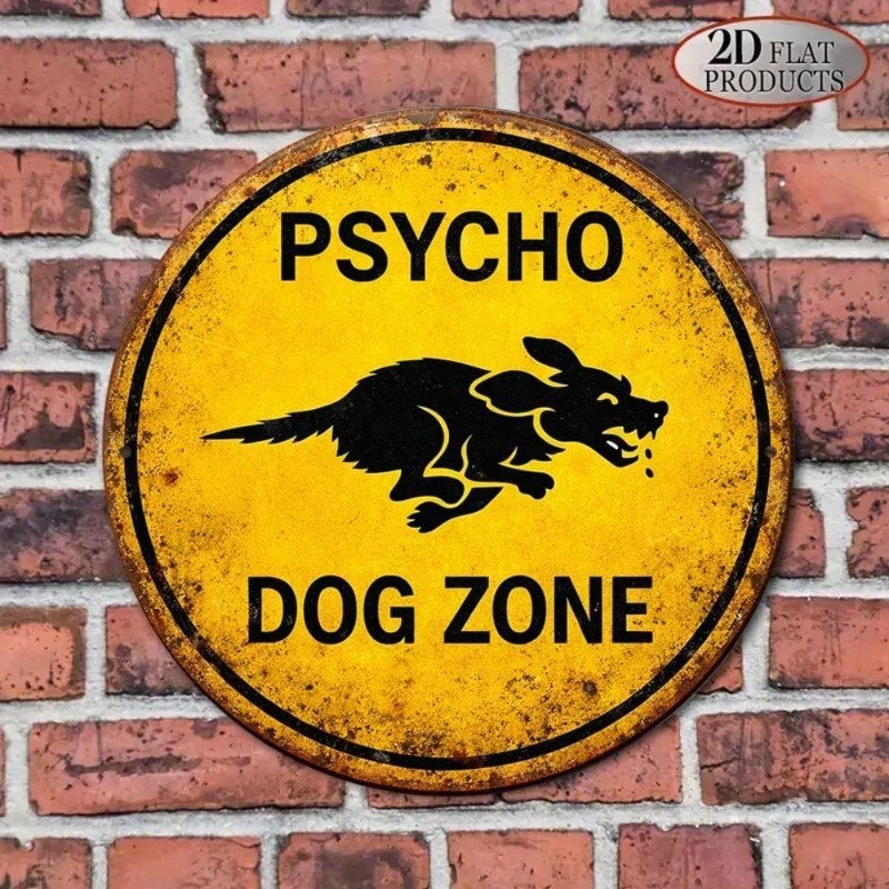 1pc Retro Psycho Dog Danger Warning Zone Tin Sign, 2D Flat Round Metal Plaque, Vintage Wall Art for Garage Bar Office