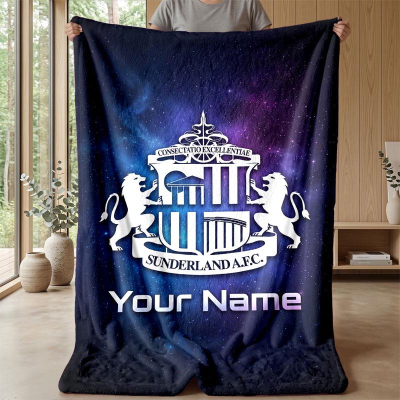 Sunderland FC Custom Name Text Flannel Blanket Soccer Logo Personalized Fleece Throw Blanket Special Gift For Sofa Bedroom Home