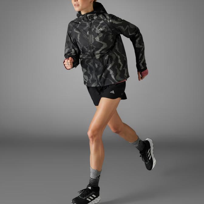 adidas Wind.Rdy Full Zip Hooded Jacket, Women Logo Print Long Sleeve Windproof Sports Outerwear Black Reflective Silver IT3445