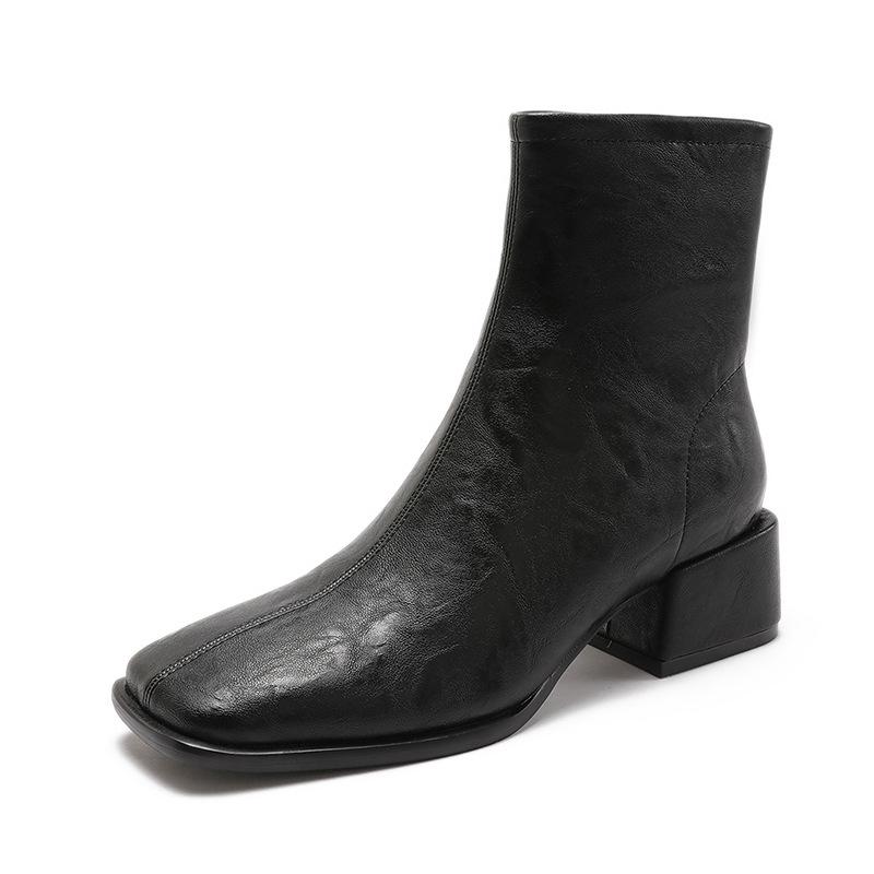 Корейские ретро квадратные узкие ботильоны на массивном каблуке с боковыми молниями 35 чёрный