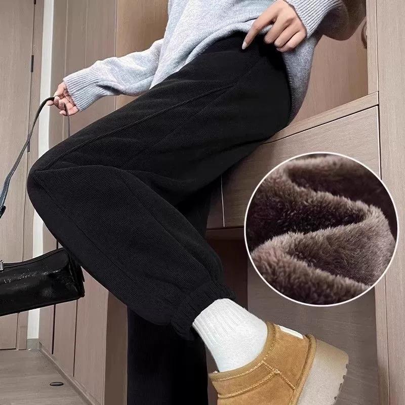 Dámské podzimní zimní volné tepláky Harem z lambího sametu, zesílený fleece, vysoký pas, elastická polyesterová vlákna