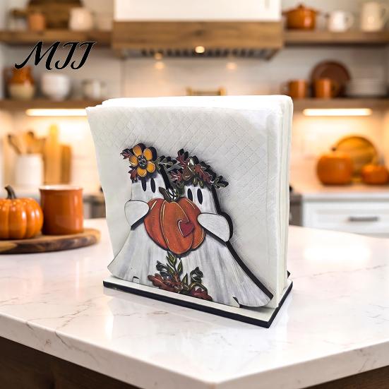 Rustic Kitchen Storage Halloween Wooden Napkin Holder, Ghost Black Cat Decorative Tabletop Tissue Countertop Organizer Dispenser, Paper Towel