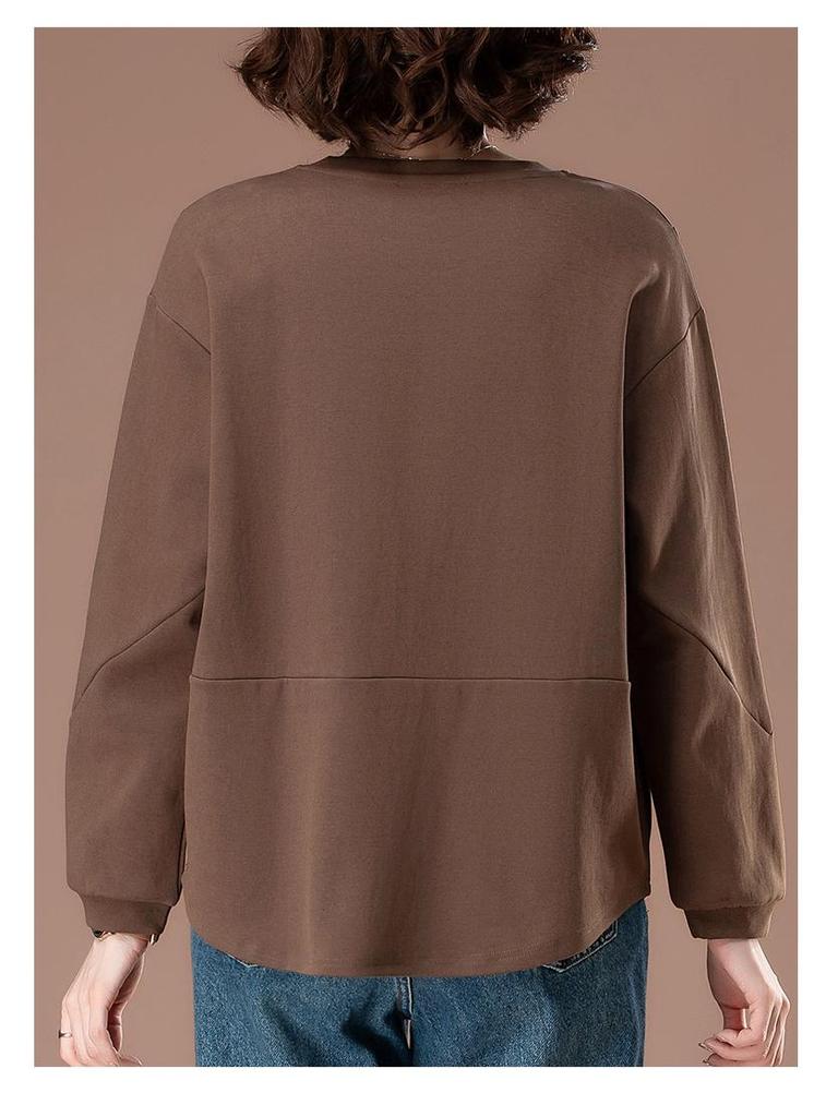 Plus Size Solid Color Long-Sleeve Shirt for Middle-Aged Women - Versatile Slimming Base for Spring & Autumn