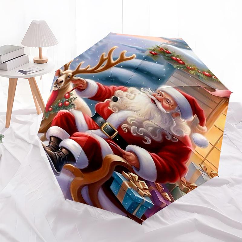 1pc Christmas Santa Claus Deer Sleigh with Automatic Opening/Closing Umbrella, Portable Tri-Fold Design, 8-Bone Iron Frame Outdoor Umbrella, Festive G